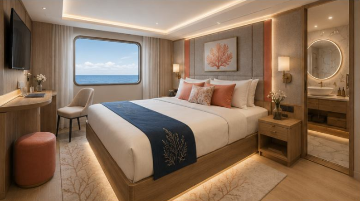 Deep Sea Pearl Coral Suite interior concept — king bed, ocean-view picture window, coral-accented design