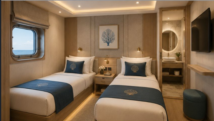 Deep Sea Pearl Shell Deluxe interior concept — twin beds, porthole ocean view, warm timber and shell-motif accents