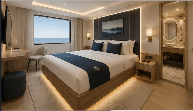 Deep Sea Pearl guest suite interior concept — king bed, ocean-view picture window, warm ambient lighting