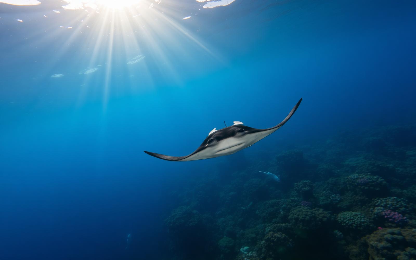 Manta ray gliding over reef